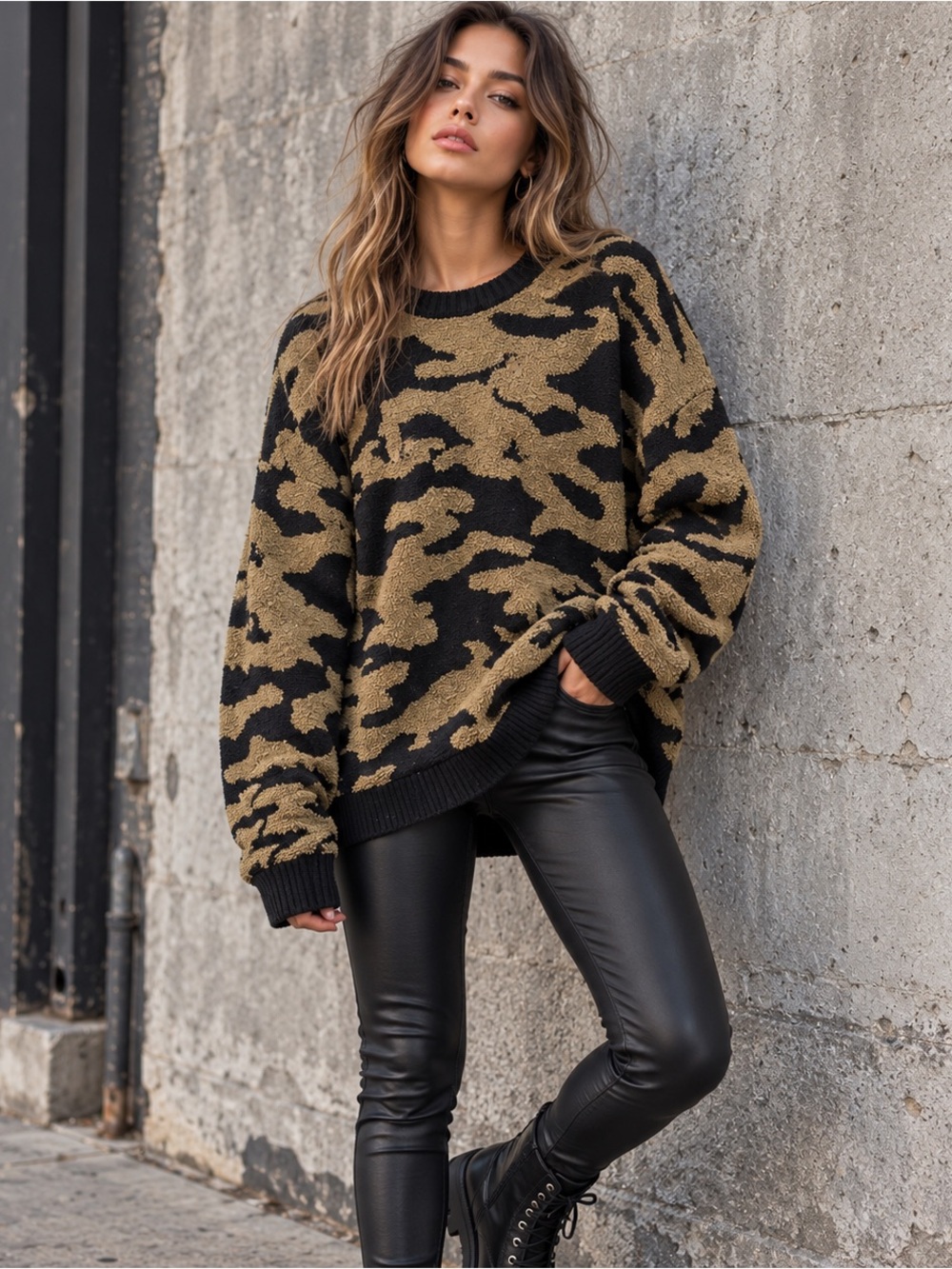Retrofit Camo Textured Knit Sweater Black Tan Size XL Streetwear